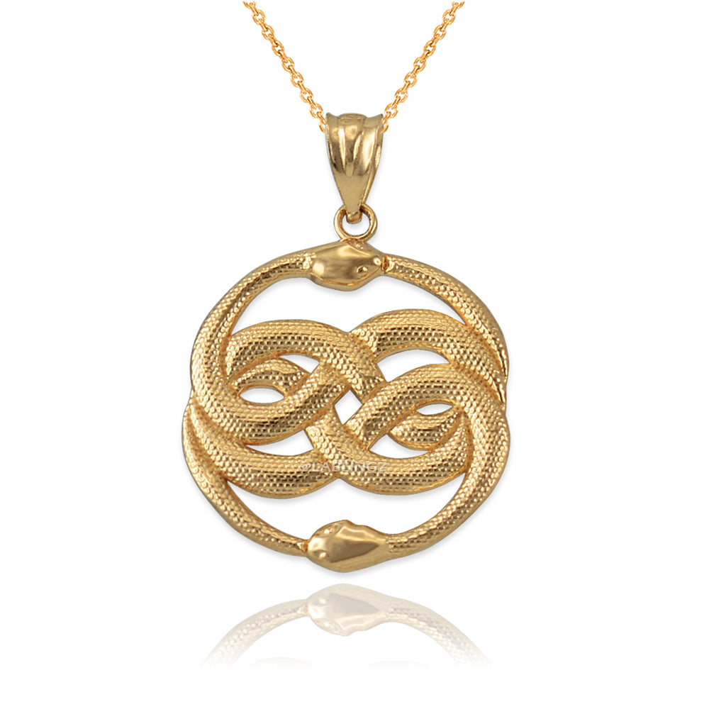 Gold Double Infinity Ouroboros Snakes Pendant Necklace (yellow, white, rose gold, 10k, 14k)
