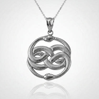 Sterling Silver Twin Ouroboros Snakes Double Infinity Pendant Necklace