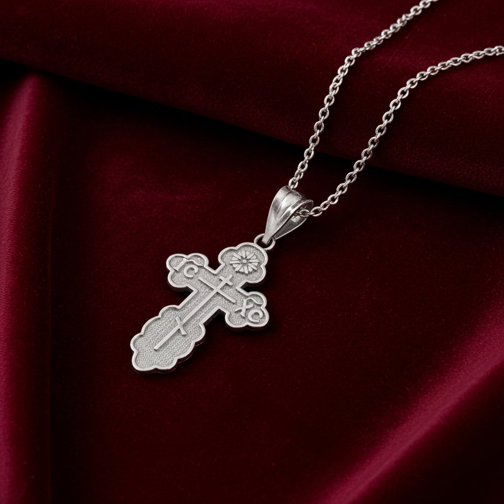 Sterling Silver Eastern Orthodox Cross Pendant Necklace