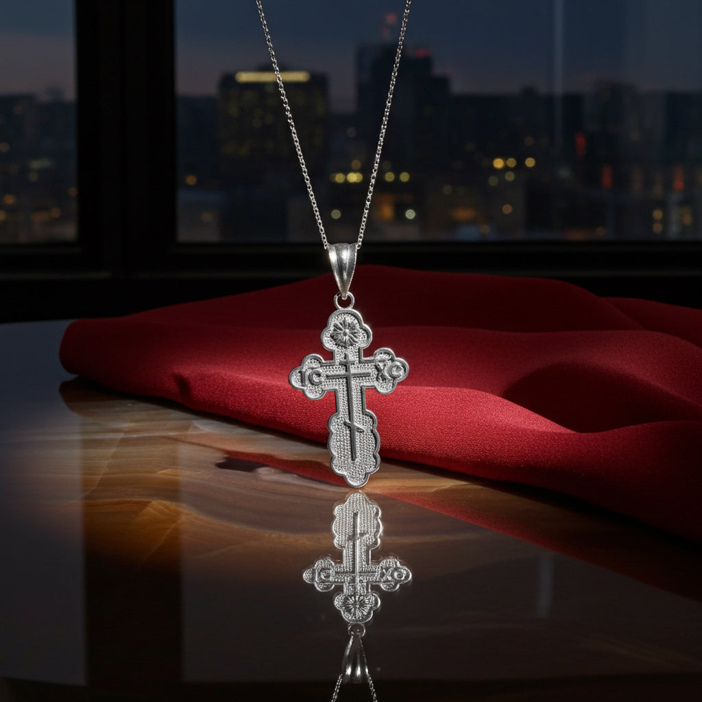 Sterling Silver Eastern Orthodox Cross Pendant Necklace