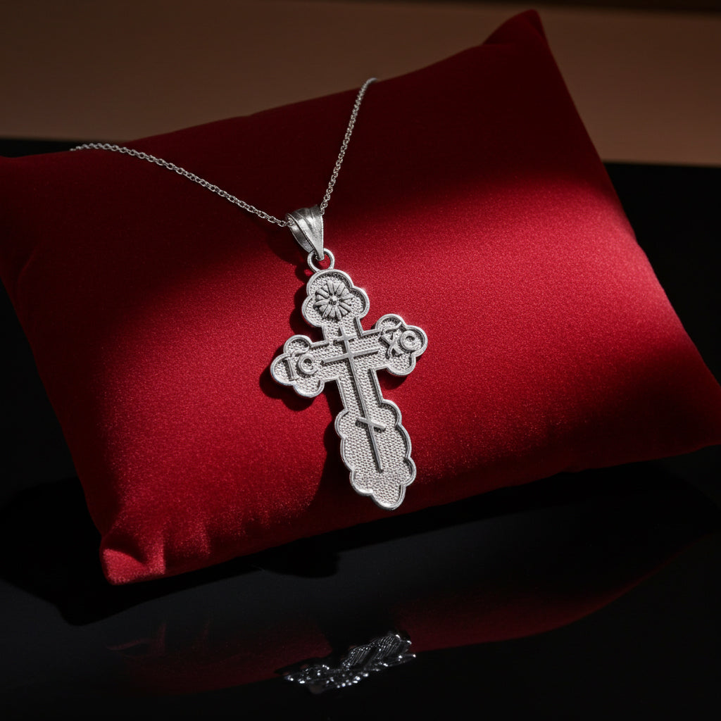 Sterling Silver Eastern Orthodox Cross Pendant Necklace