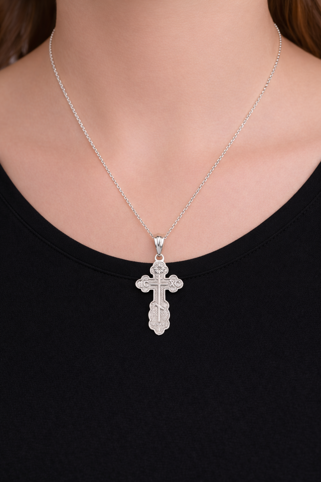 Sterling Silver Eastern Orthodox Cross Pendant Necklace