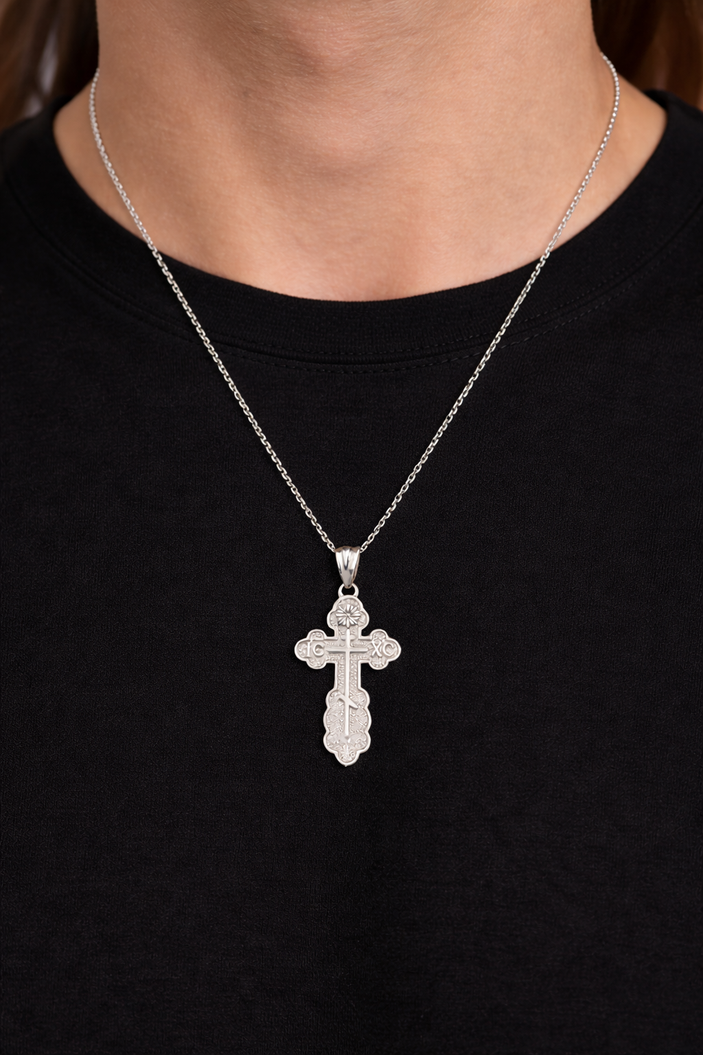 Sterling Silver Eastern Orthodox Cross Pendant Necklace