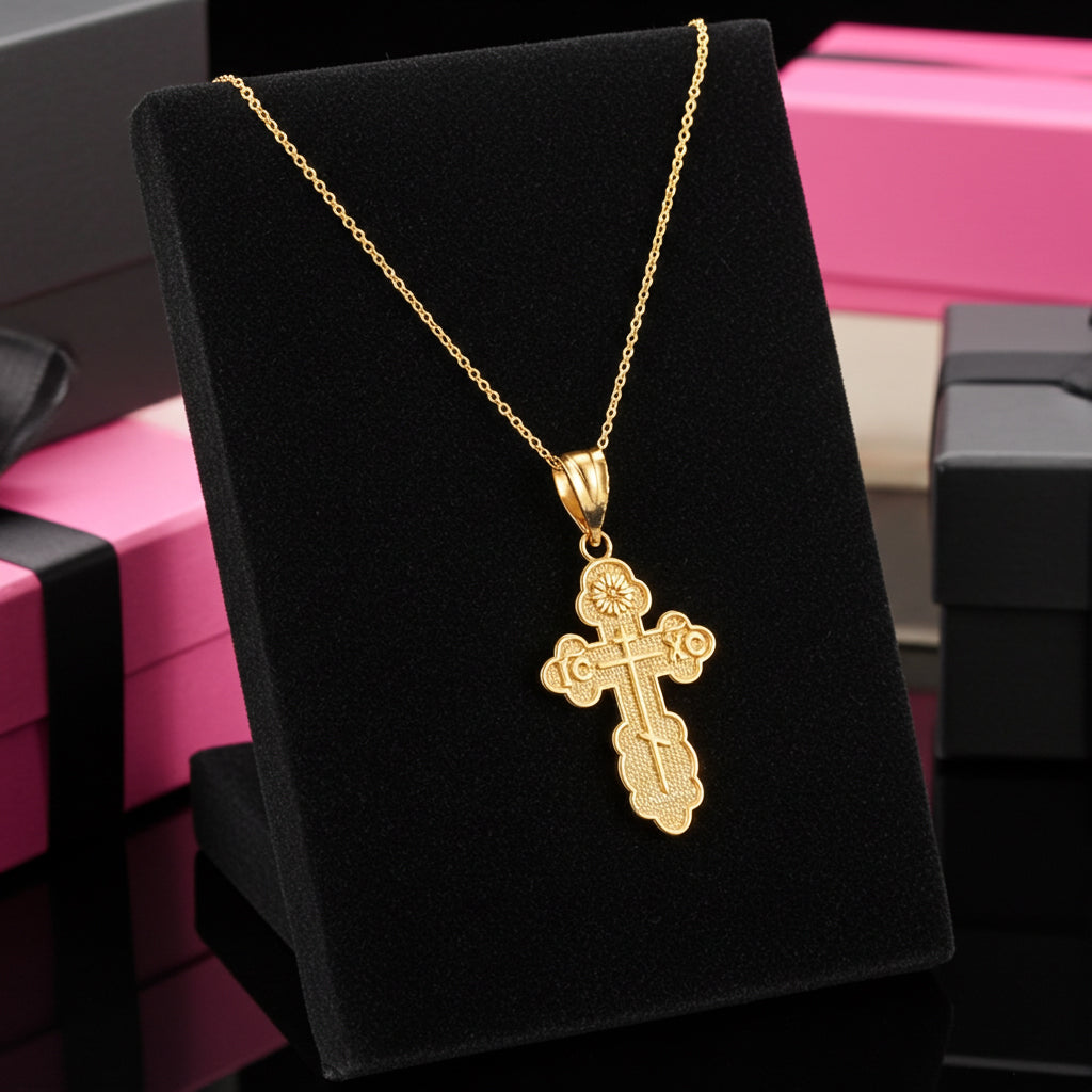 Gold Eastern Orthodox St. Olga Cross Pendant Necklace (yellow
