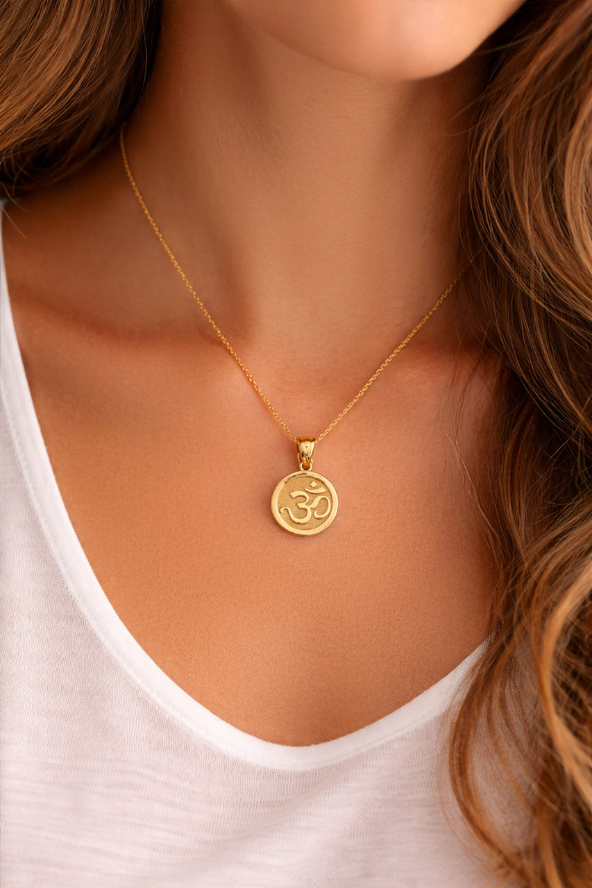 Gold Om Yoga Medallion Charm Necklace (yellow, white, rose gold, 10K, 14K)