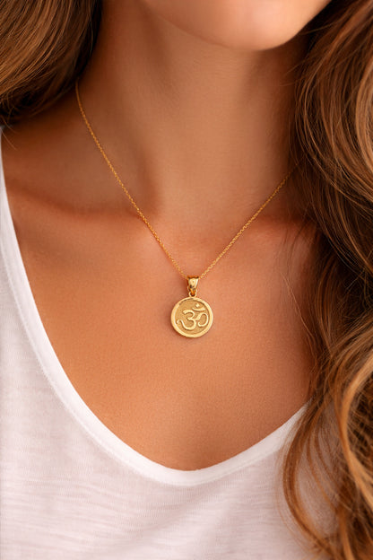 Gold Om Yoga Medallion Charm Necklace (yellow, white, rose gold, 10K, 14K)