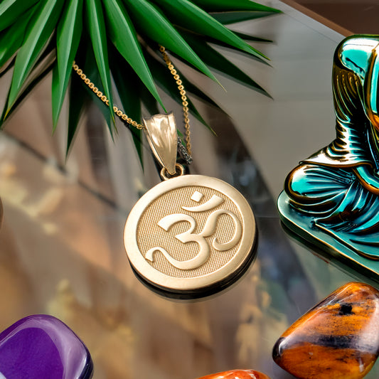 Gold Om Yoga Medallion Charm Necklace (yellow, white, rose gold, 10K, 14K)