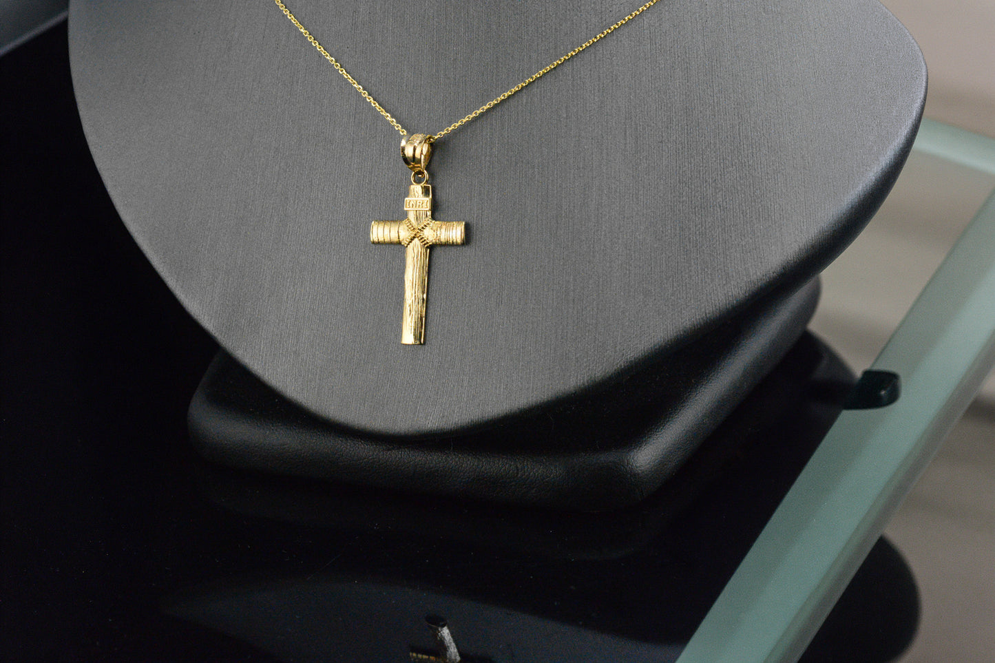 Rustic Wood Cross Pendant Necklace, 10K 14K Gold INRI Christian Cross