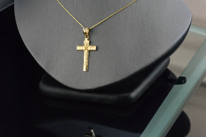 Rustic Wood Cross Pendant Necklace, 10K 14K Gold INRI Christian Cross