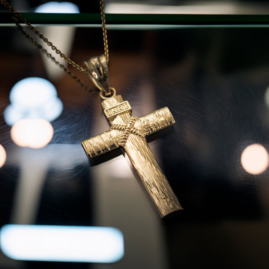 Rustic Wood Cross Pendant Necklace, 10K 14K Gold INRI Christian Cross