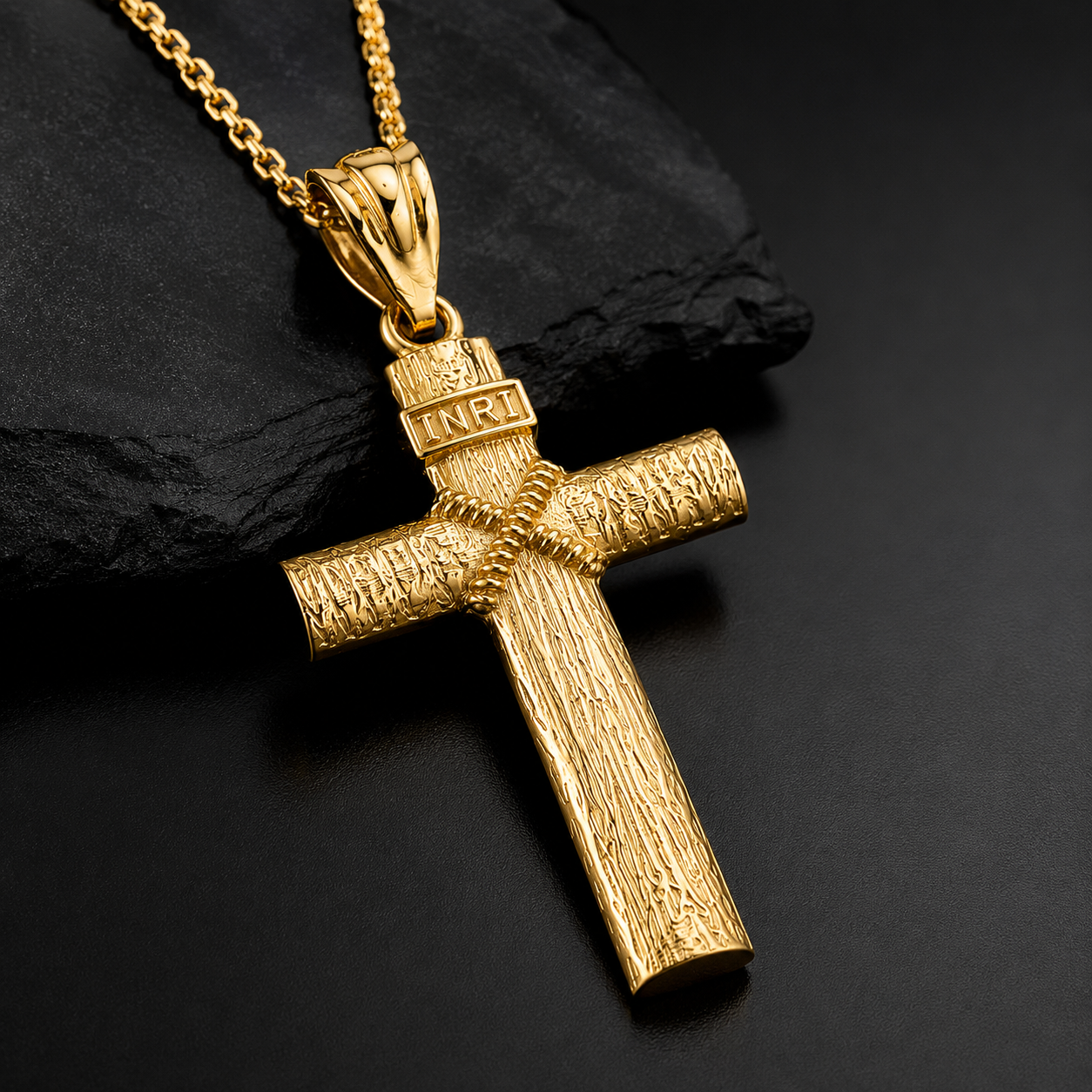Rustic Wood Cross Pendant Necklace, 10K 14K Gold INRI Christian Cross