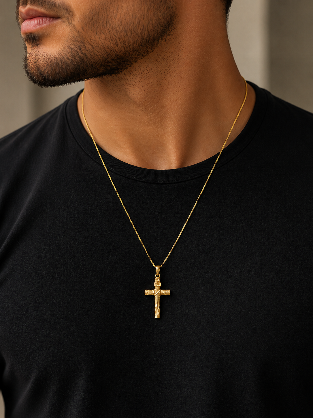 Rustic Wood Cross Pendant Necklace, 10K 14K Gold INRI Christian Cross