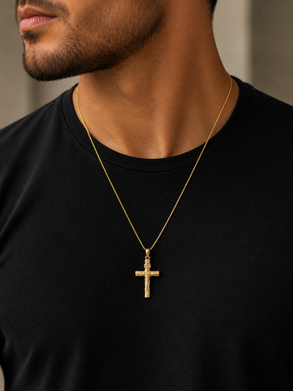Rustic Wood Cross Pendant Necklace, 10K 14K Gold INRI Christian Cross