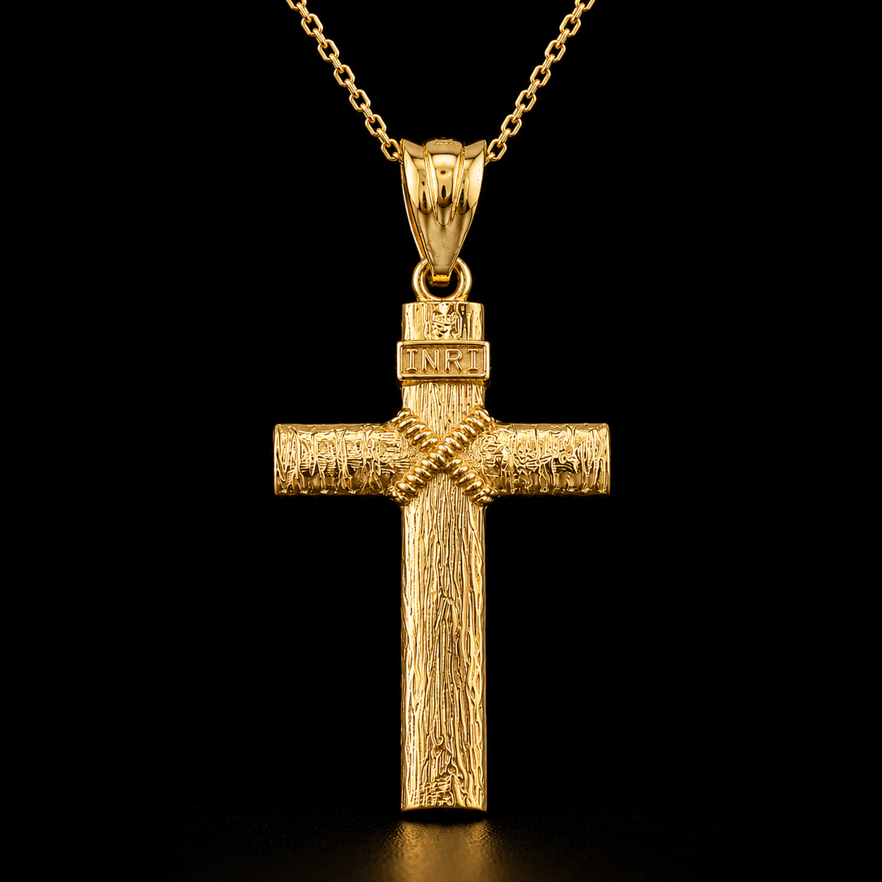 Rustic Wood Cross Pendant Necklace, 10K 14K Gold INRI Christian Cross