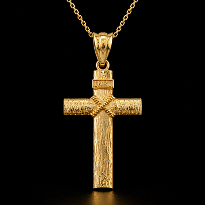 Rustic Wood Cross Pendant Necklace, 10K 14K Gold INRI Christian Cross