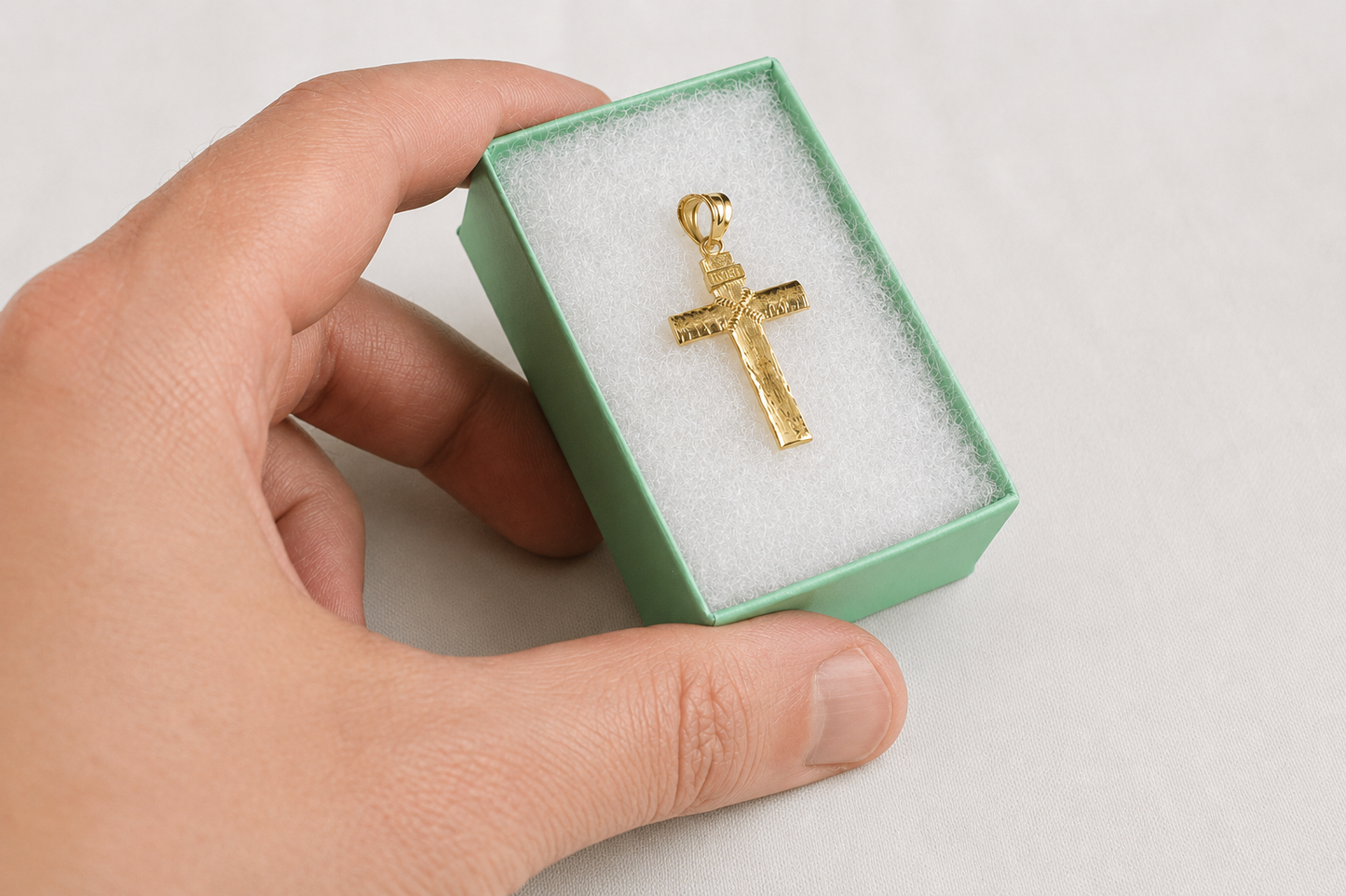 Rustic Wood Cross Pendant Necklace, 10K 14K Gold INRI Christian Cross