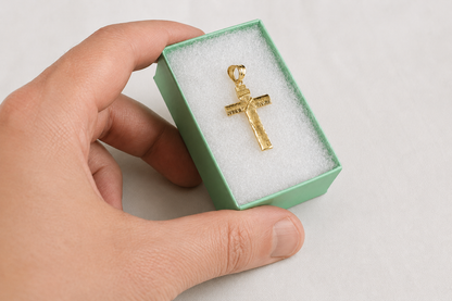Rustic Wood Cross Pendant Necklace, 10K 14K Gold INRI Christian Cross