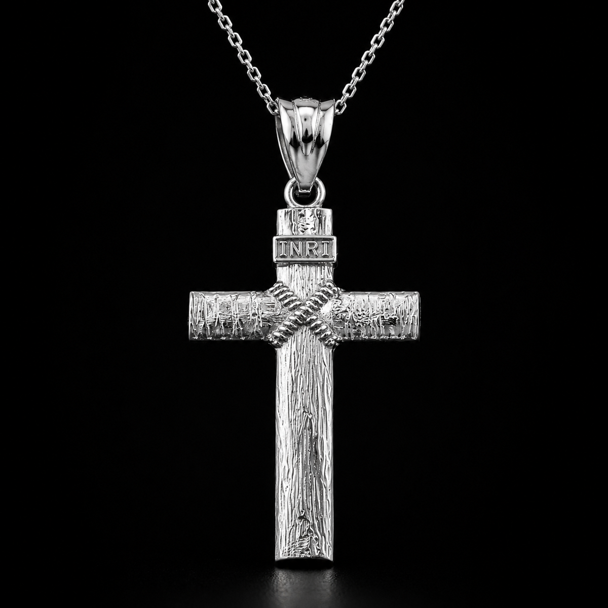 Sterling Silver Rustic Wood INRI Cross Pendant Necklace