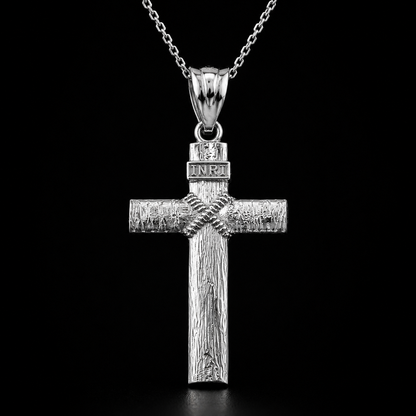 Sterling Silver Rustic Wood INRI Cross Pendant Necklace