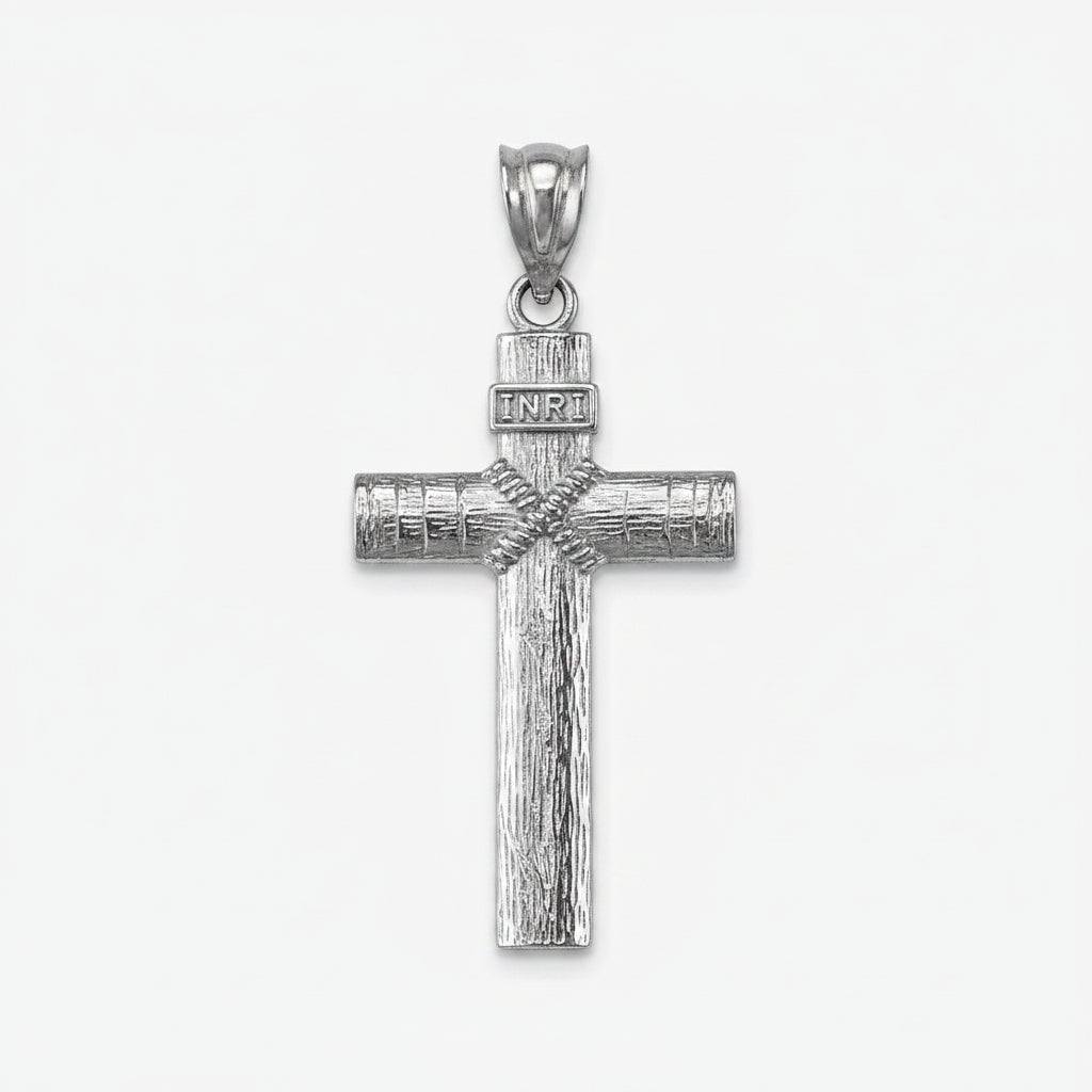 Rustic Wood Cross Pendant Necklace, 10K 14K Gold INRI Christian Cross