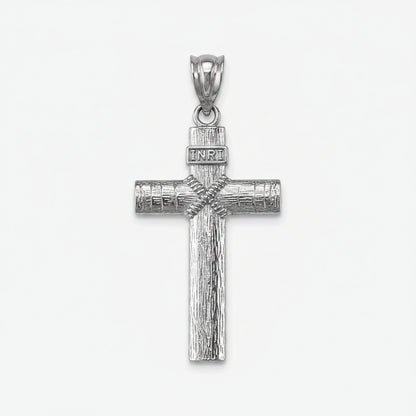 Rustic Wood Cross Pendant Necklace, 10K 14K Gold INRI Christian Cross