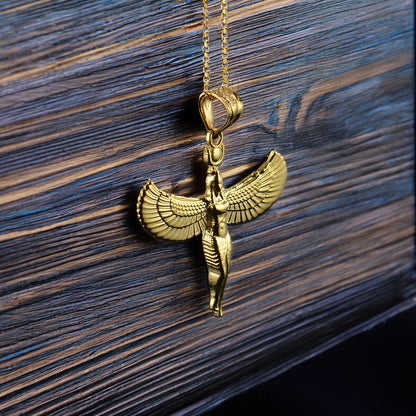 Egyptian Isis Standing Winged Goddess Gold Pendant Necklace