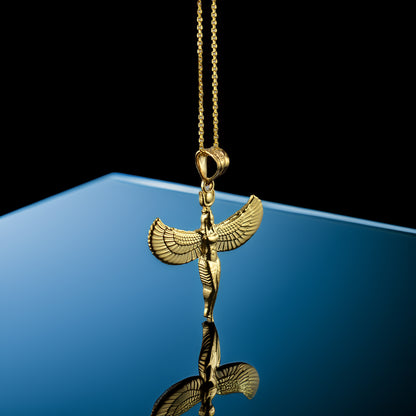 Egyptian Isis Standing Winged Goddess Gold Pendant Necklace