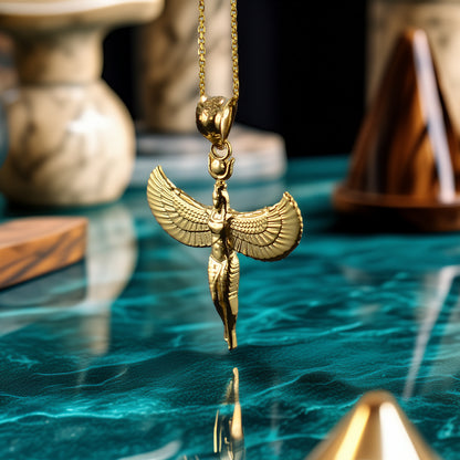 Egyptian Isis Standing Winged Goddess Gold Pendant Necklace