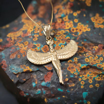 Egyptian Isis Standing Winged Goddess Gold Pendant Necklace