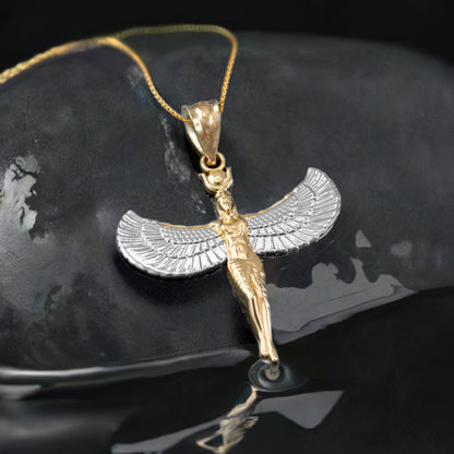 Egyptian Isis Standing Winged Goddess Gold Pendant Necklace