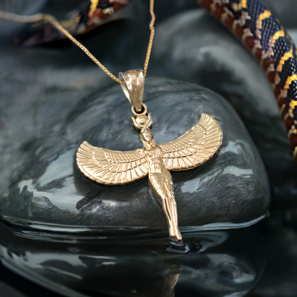 Gold Isis Egyptian Winged Goddess Pendant Necklace