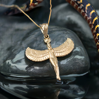 Egyptian Isis Standing Winged Goddess Gold Pendant Necklace