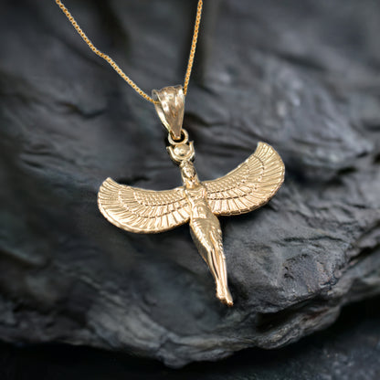 Egyptian Isis Standing Winged Goddess Gold Pendant Necklace