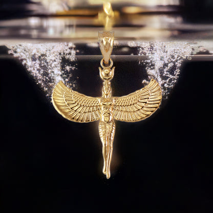 Egyptian Isis Standing Winged Goddess Gold Pendant Necklace