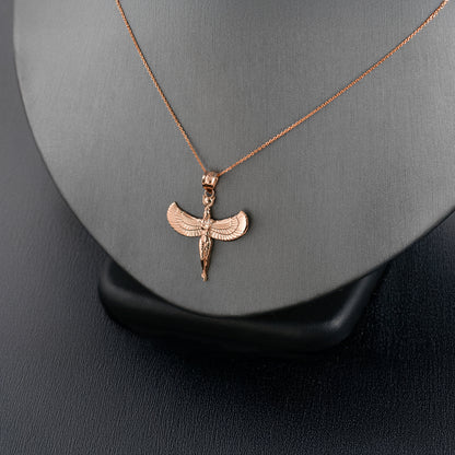 Egyptian Isis Standing Winged Goddess Gold Pendant Necklace