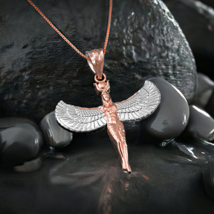 Egyptian Isis Standing Winged Goddess Gold Pendant Necklace