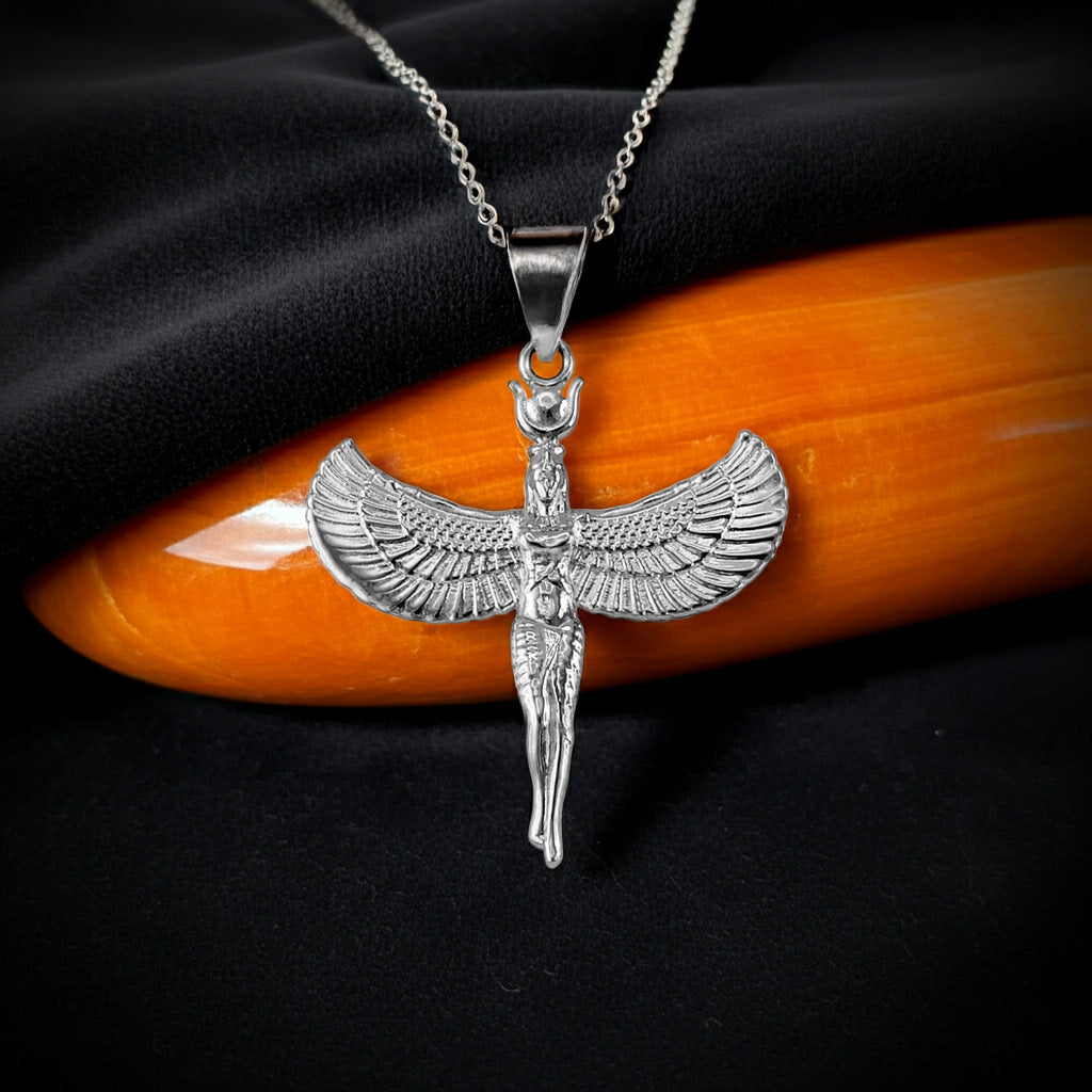 Sterling Silver Egyptian Isis Standing Winged Goddess Pendant Necklace