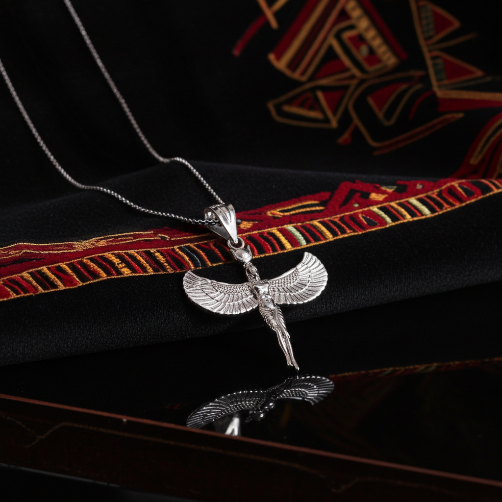 Sterling Silver Egyptian Isis Standing Winged Goddess Pendant Necklace