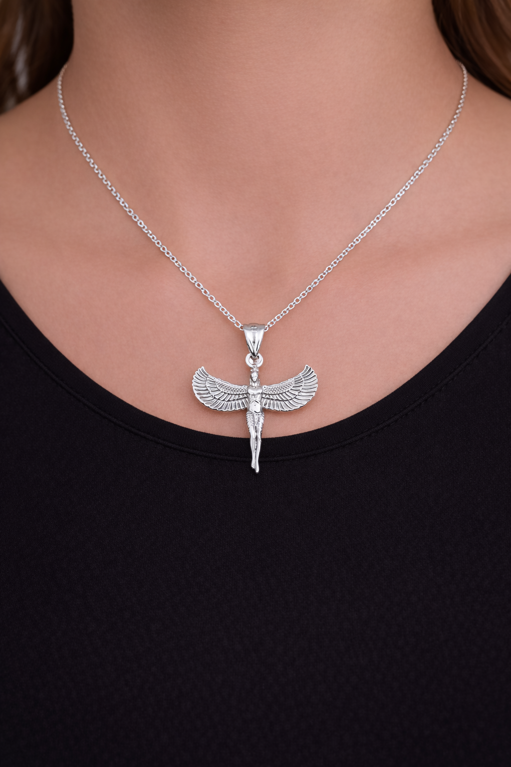 Sterling Silver Egyptian Isis Standing Winged Goddess Pendant Necklace