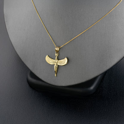 Egyptian Isis Standing Winged Goddess Gold Pendant Necklace