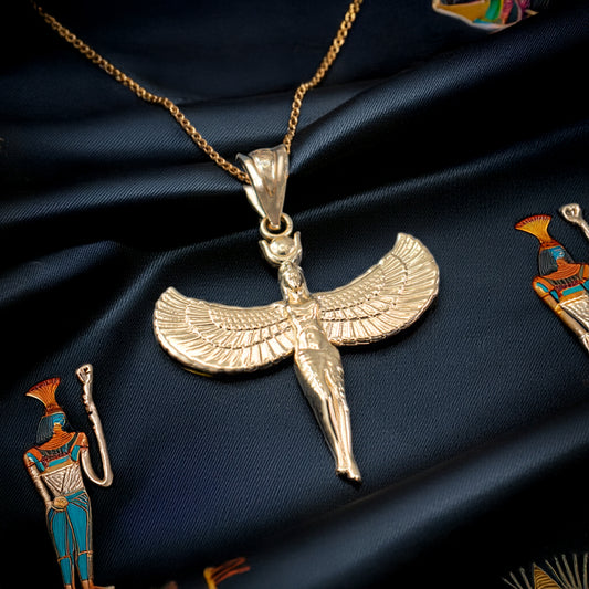 Egyptian Isis Standing Winged Goddess Gold Pendant Necklace