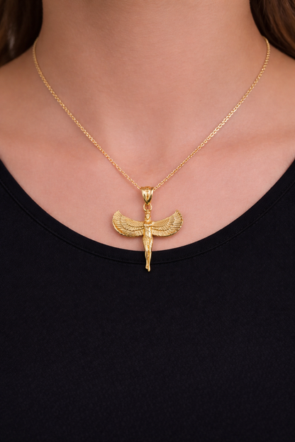 Egyptian Isis Standing Winged Goddess Gold Pendant Necklace