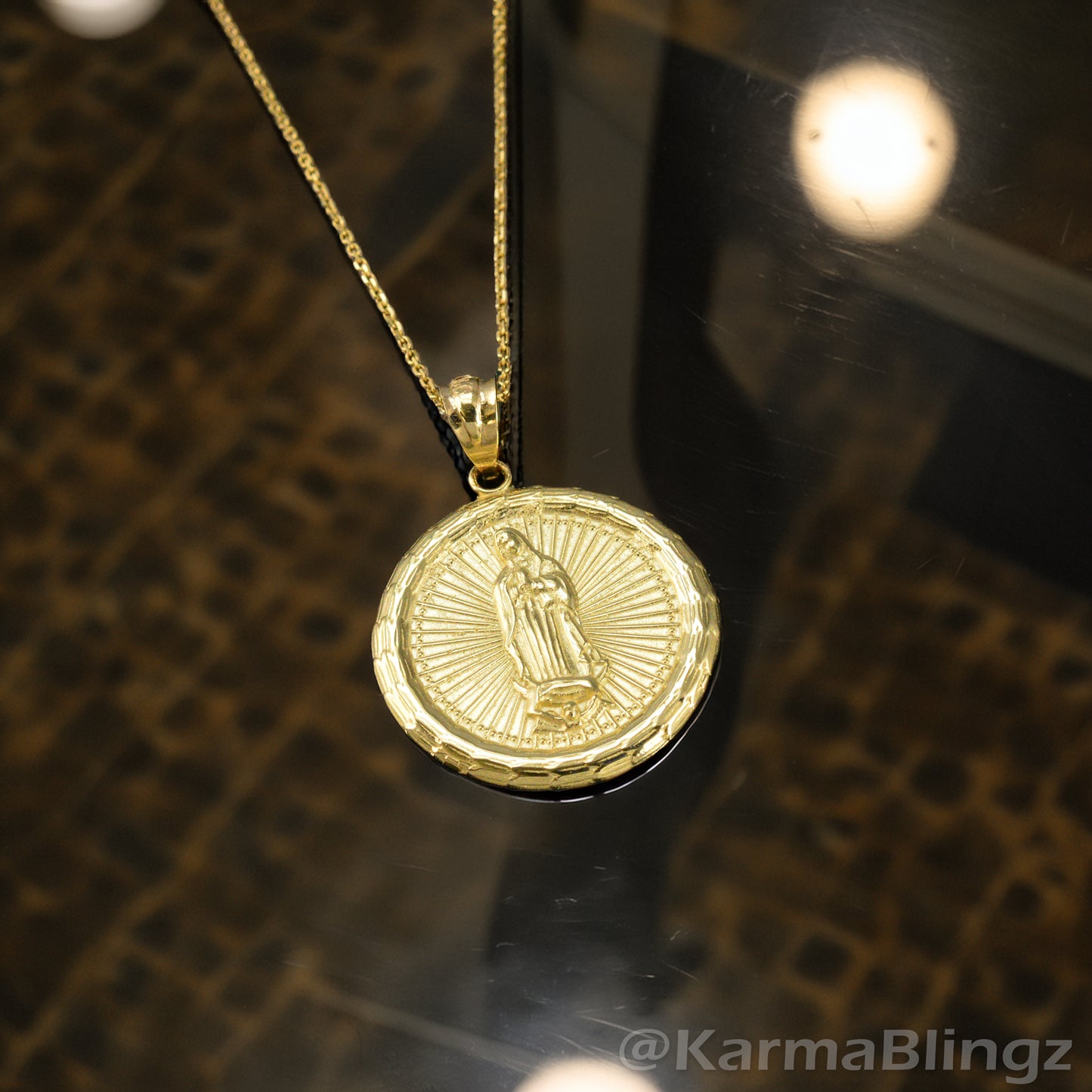 Gold Virgin Mary Guadalupe Medallion Pendant Necklace in 10K or 14K, Yellow, White, Rose, 2-Tone