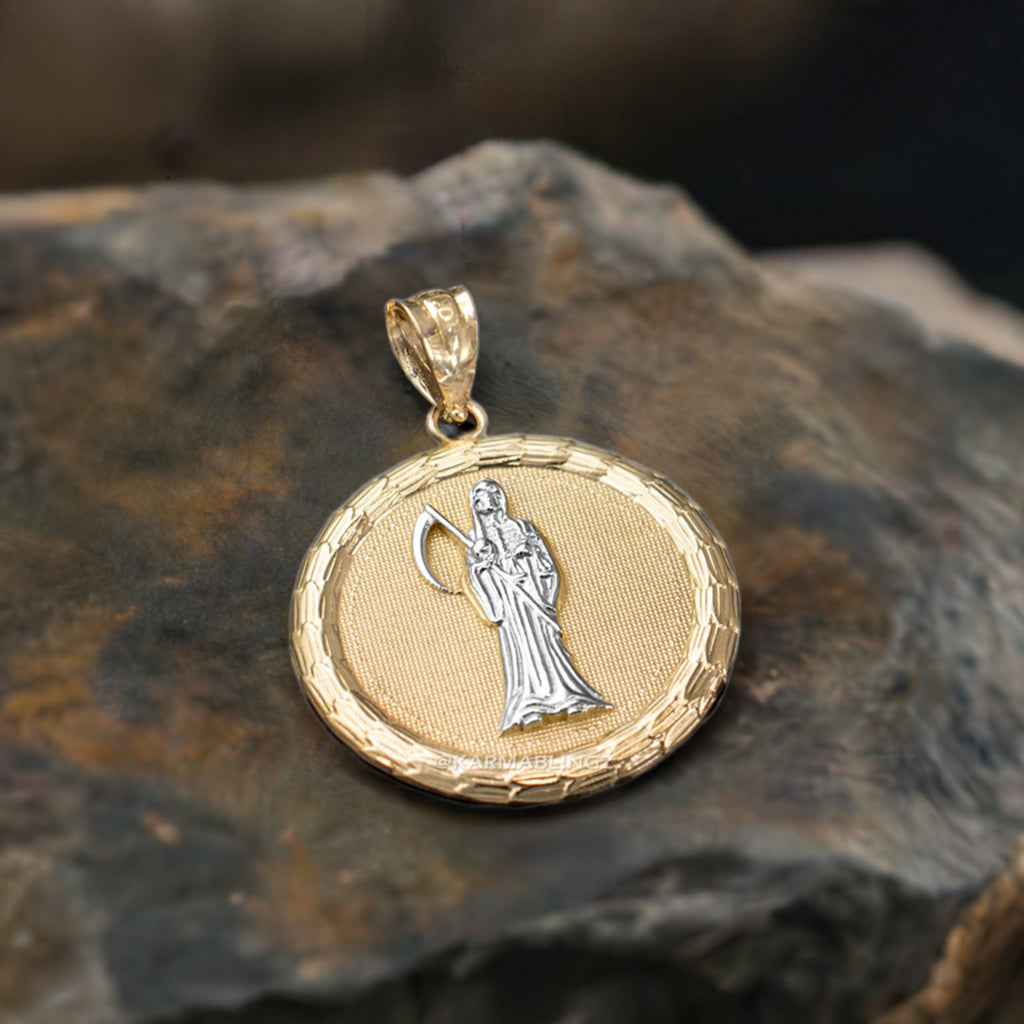 Gold Santa Muerte Medallion Pendant Necklace in 10K or 14K, Yellow, White, Rose, 2-Tone
