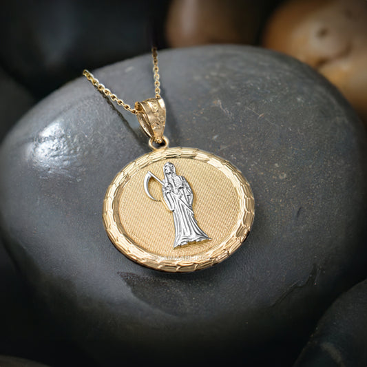 Gold Santa Muerte Medallion Pendant Necklace (yellow, white, rose gold, 2-tone, 10K, 14K)