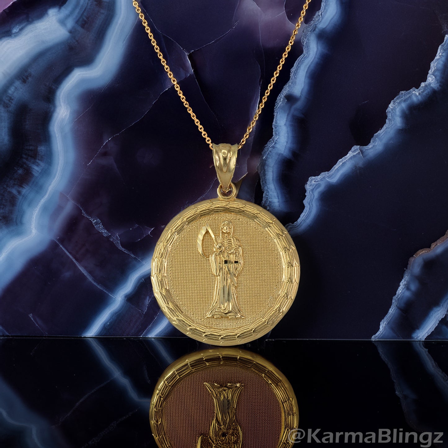Gold Santa Muerte Medallion Pendant Necklace in 10K or 14K, Yellow, White, Rose, 2-Tone