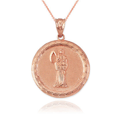 Gold Santa Muerte Medallion Pendant Necklace in 10K or 14K, Yellow, White, Rose, 2-Tone