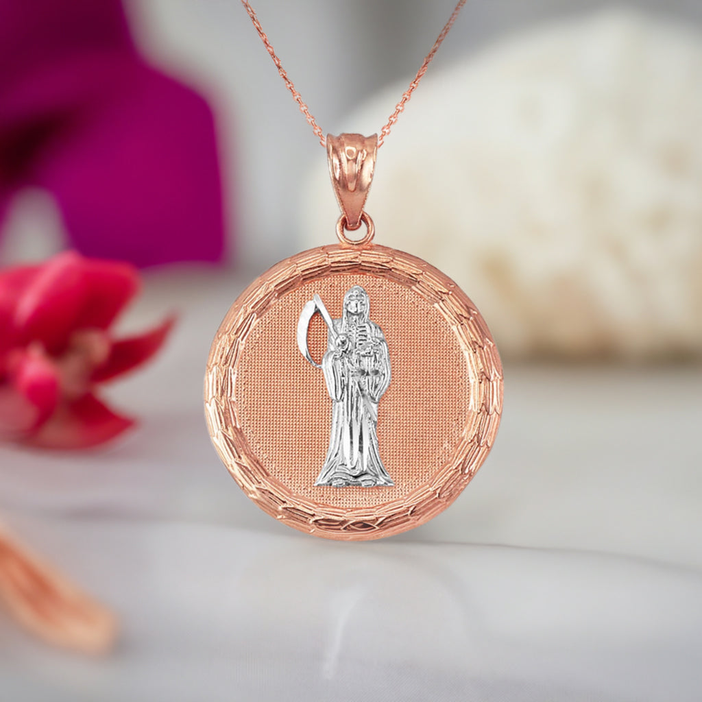 Gold Santa Muerte Medallion Pendant Necklace in 10K or 14K, Yellow, White, Rose, 2-Tone