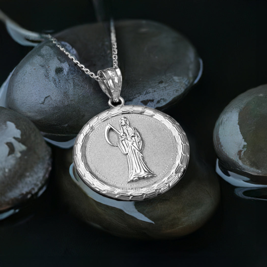 Sterling Silver Santa Muerte Medallion Pendant Necklace