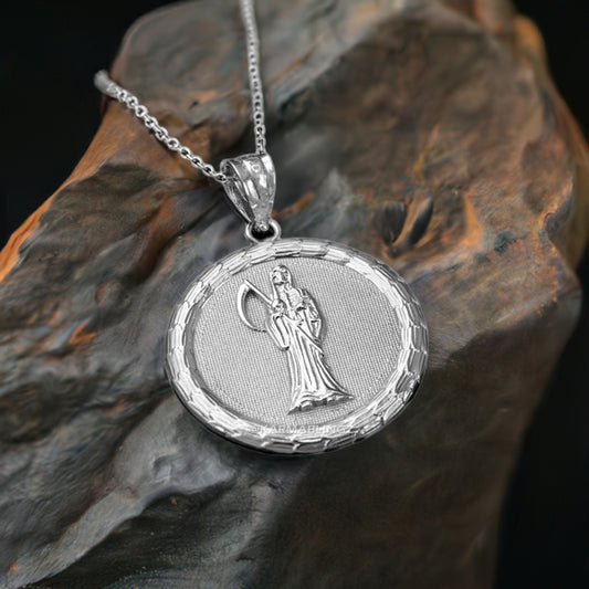 Sterling Silver Santa Muerte Medallion Pendant Necklace